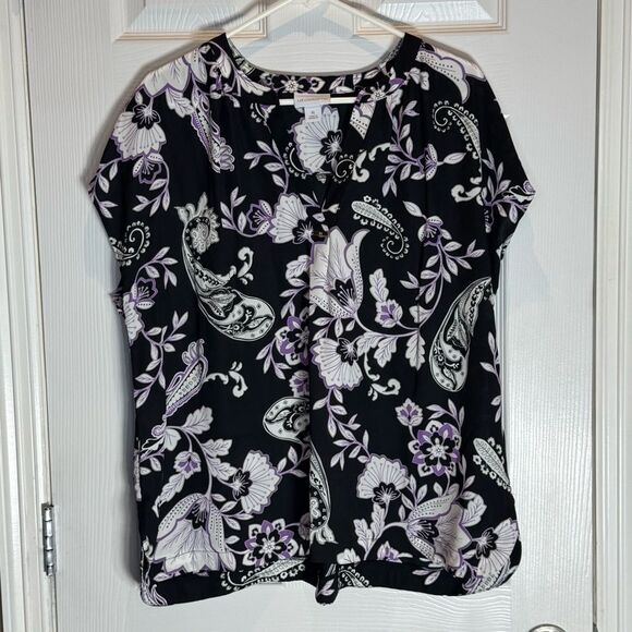 Liz Claiborne Tops - Liz Claiborne Women's Short Sleeve Blouse XL Paisley Print Black Purple White